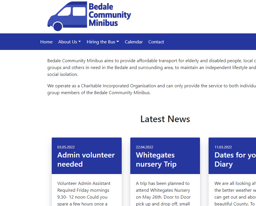 Screenshot of Bedale Community Minibus' Recent News Displayed on their Homepage